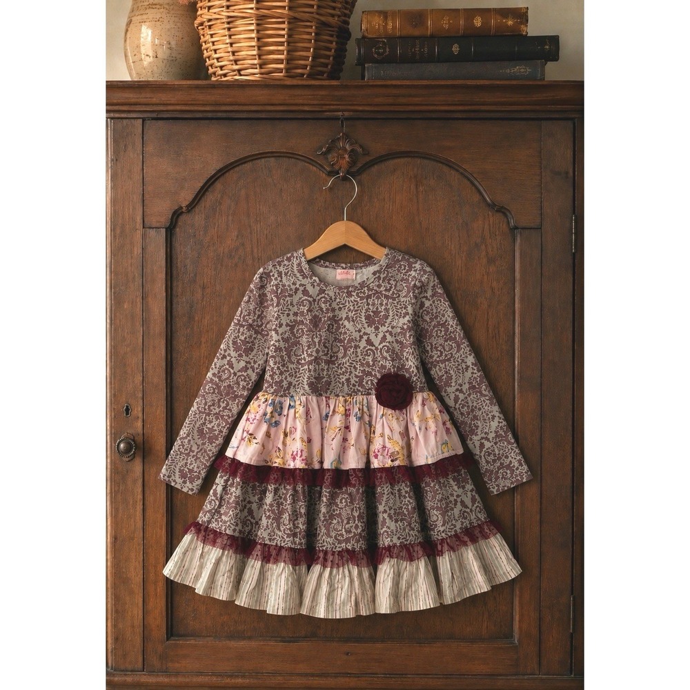 Giggle Moon 3T Ruffle Burgundy Floral Mixed Print Tiered Dress Boutique Party